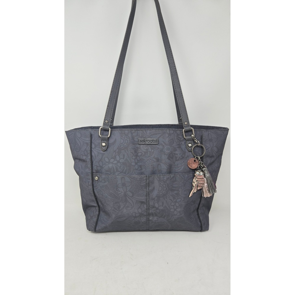 Sakroots Charcoal Grey Floral Print Nylon Tote Bag with Owl Keychain‎ Charm